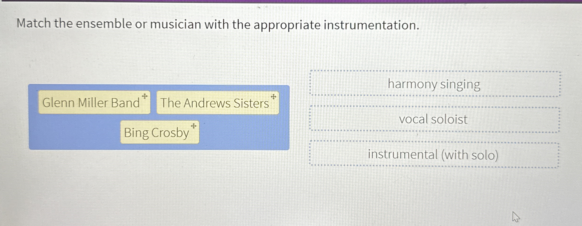 Match the ensemble or musician with the
