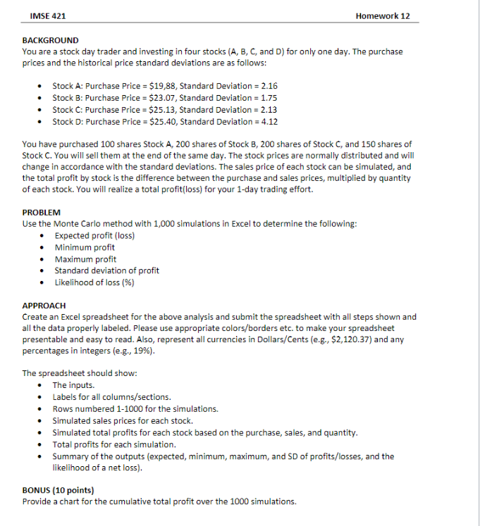 PLZ attach the excel file. IMSE 421 Homework 12