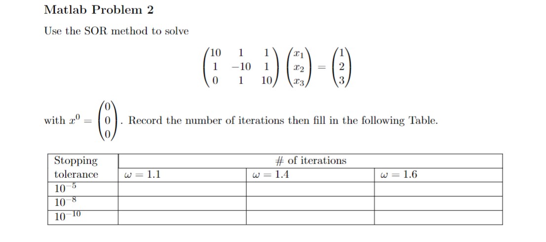 Matlab Problem 2 Use the SOR method to solve ( [