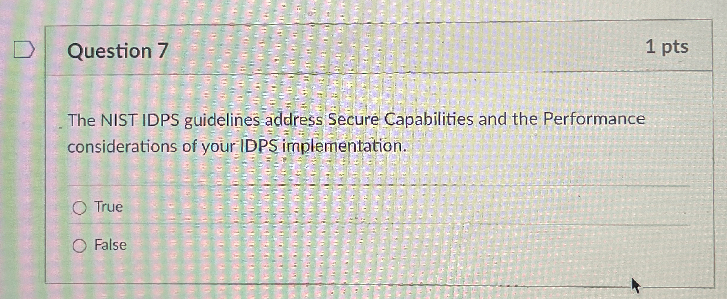 Question 7 1 pts The NIST IDPS guidelines address