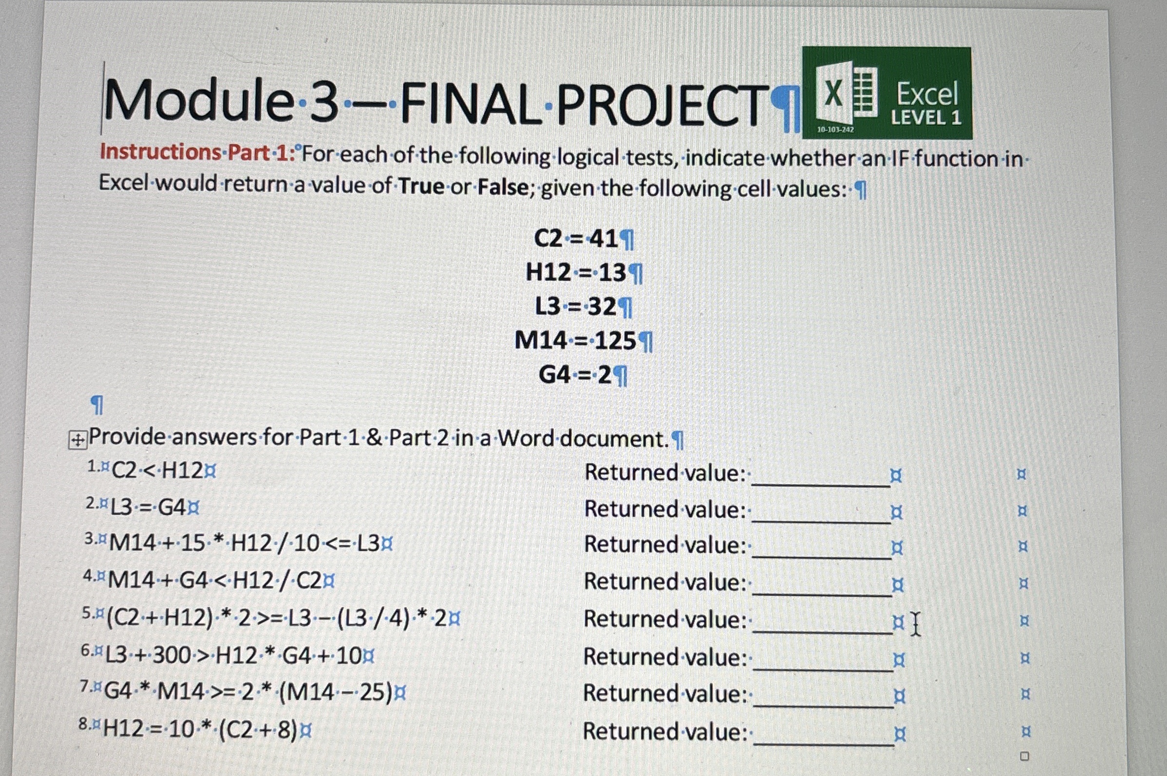 Instructions - Part - 1 : For each of the