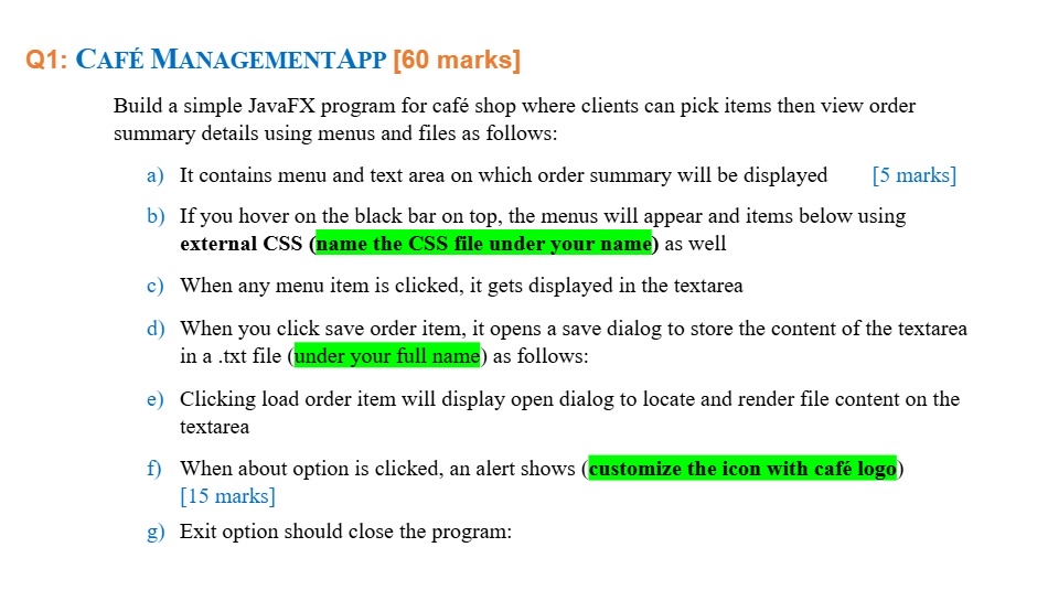 Build a simple JavaFX program for caf shop where