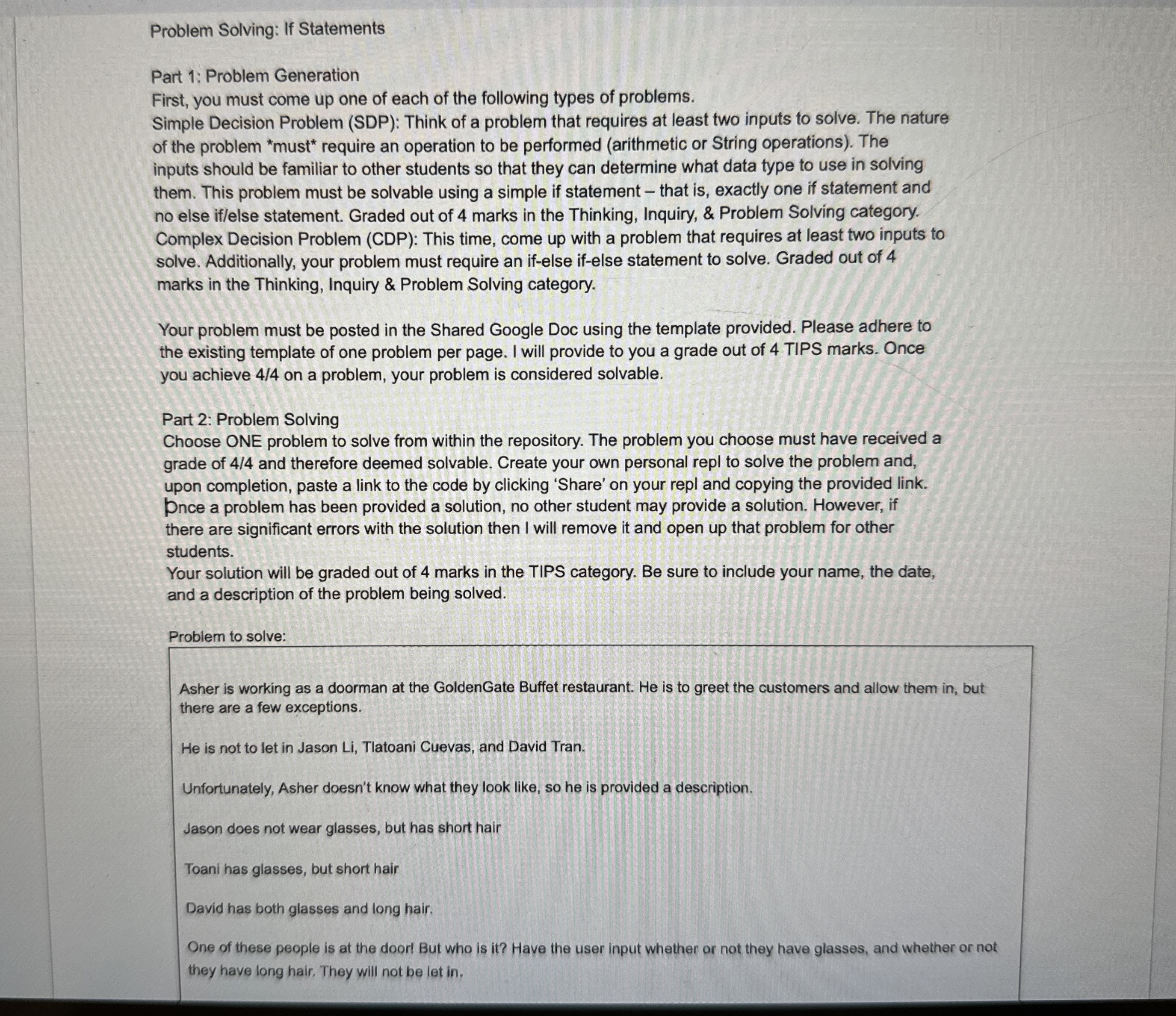 Problem Solving: If Statements Part 1 : Problem