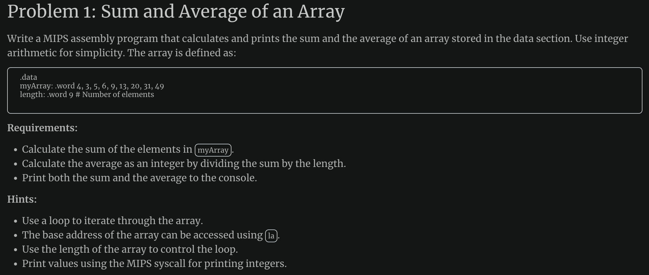 Problem 1 : Sum and Average of an Array Write a