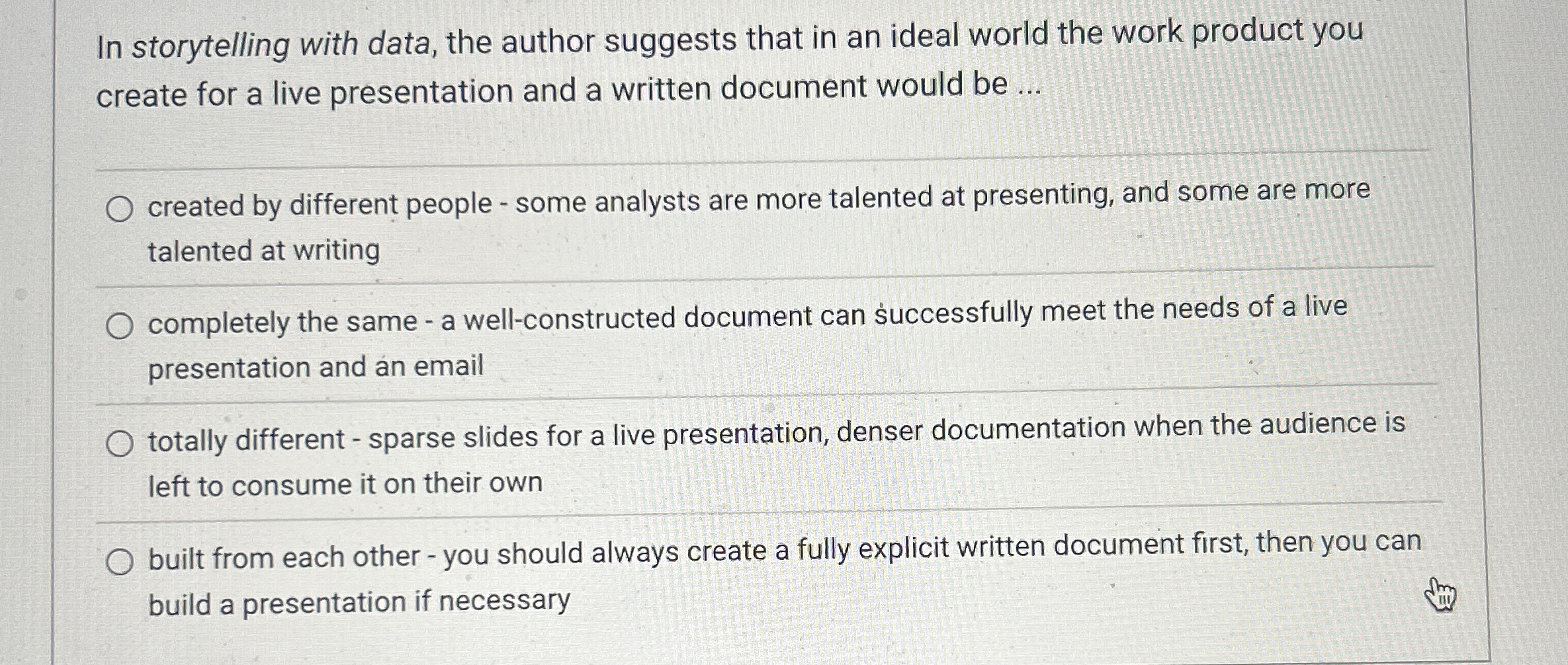 In storytelling with data, the author suggests