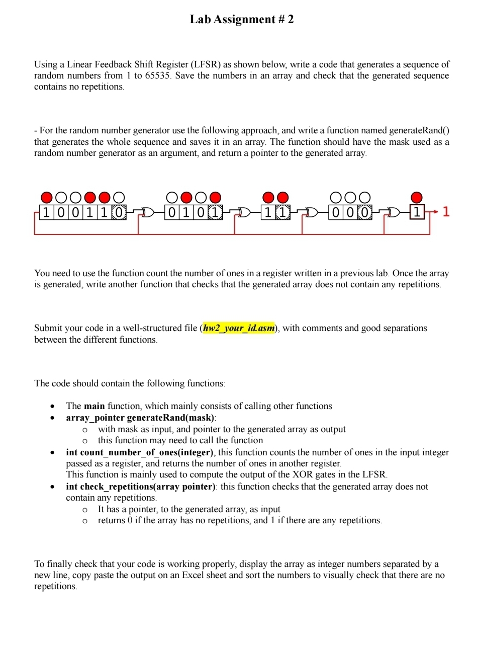 Lab Assignment # 2 Using a Linear Feedback Shift