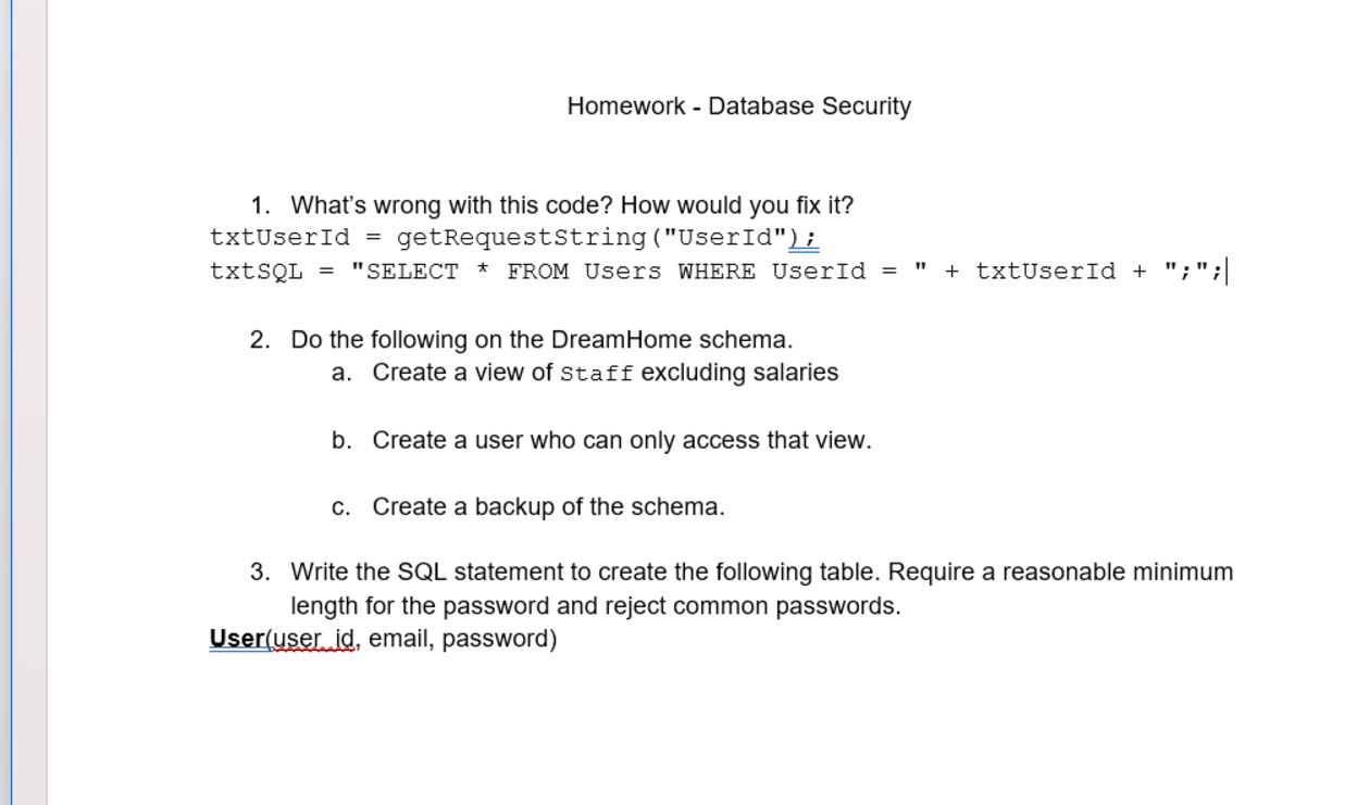 Homework - Database Security Please help me with