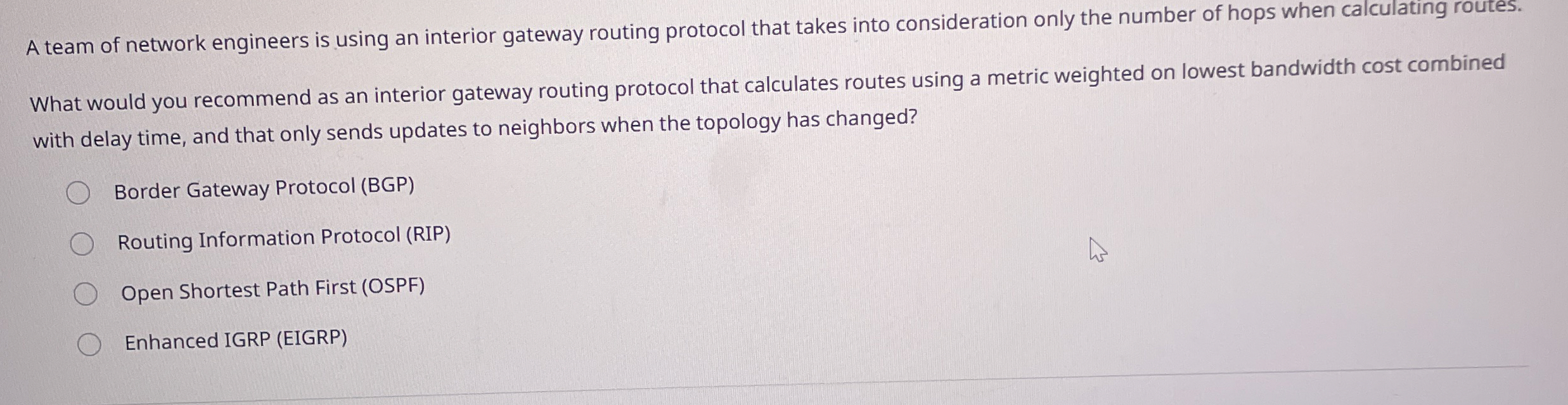 A team of network engineers is using an interior