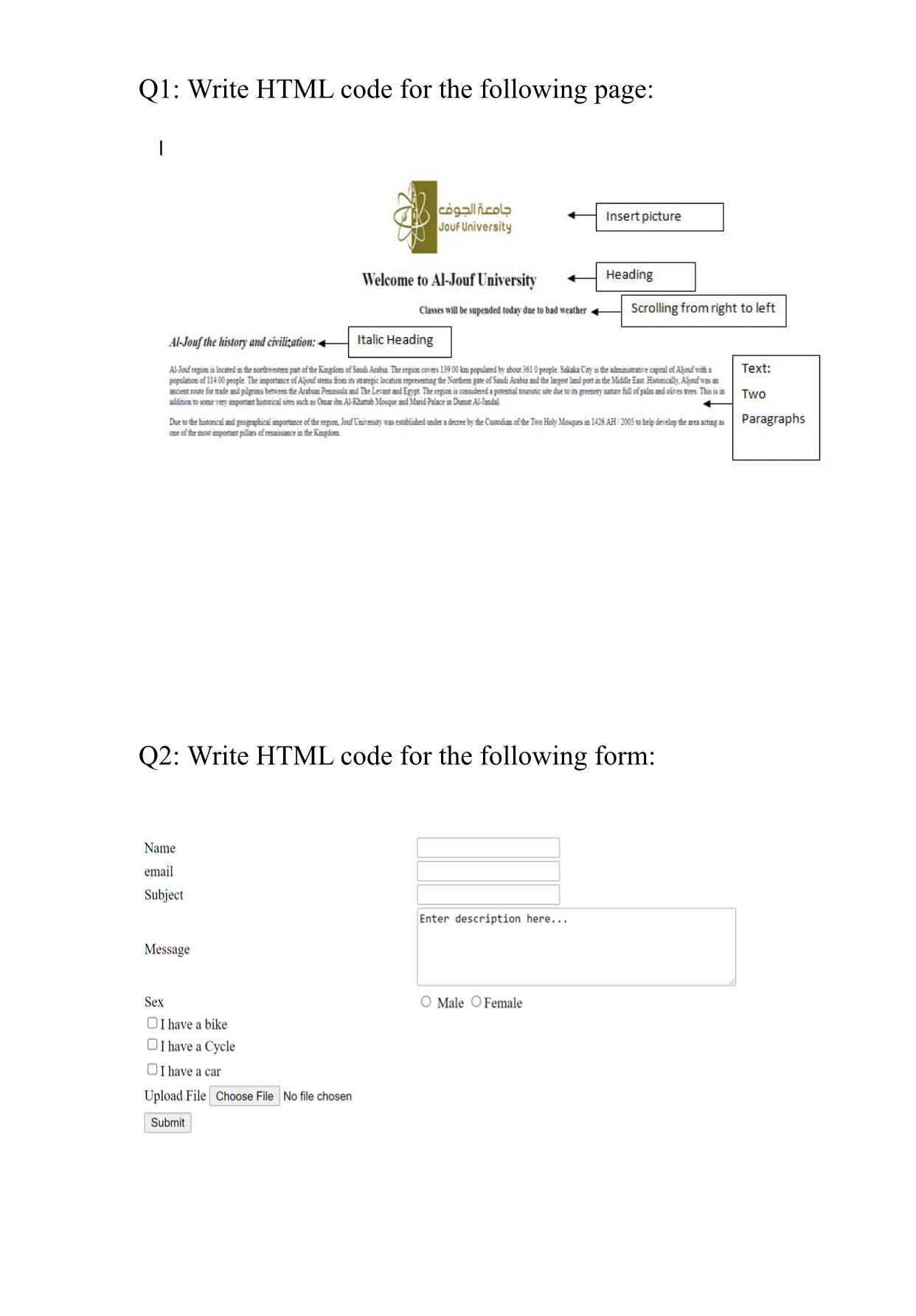 Q 1 : Write HTML code for the following page: I Q