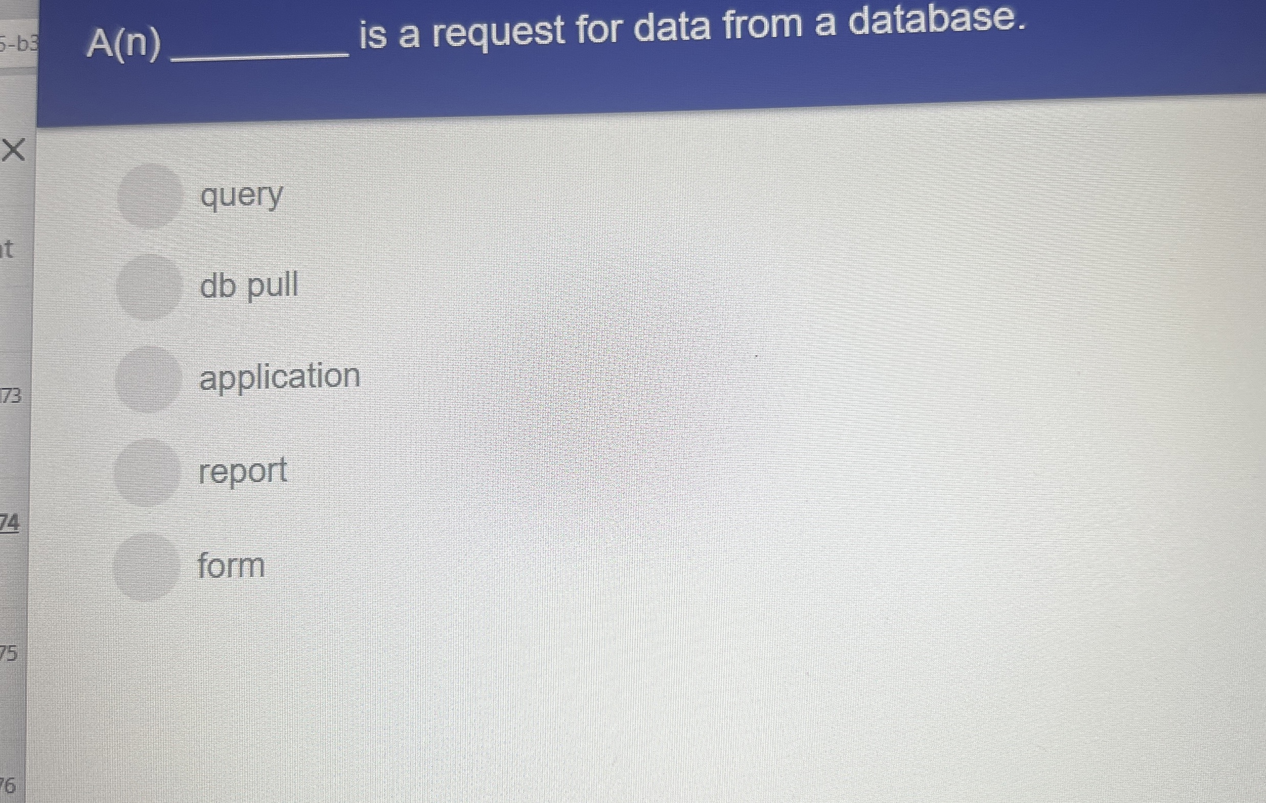 A ( n ) is a request for data from a database.