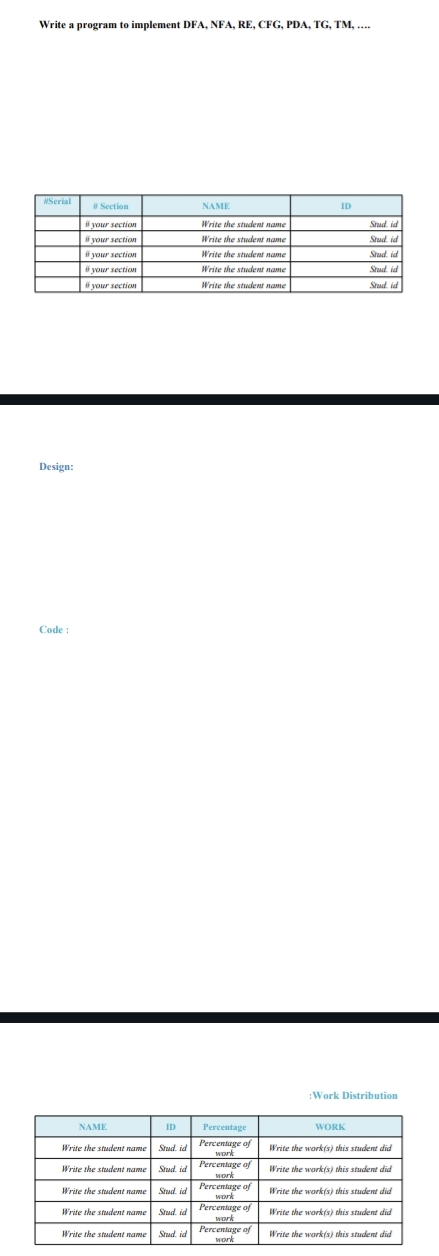 Write a program to implement DFA, NFA, RE , CFG ,