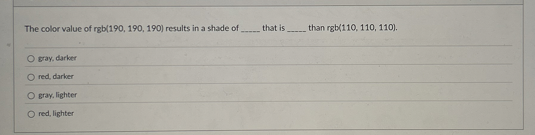 The color value of r g b ( 1 9 0 , 1 9 0 , 1 9 0