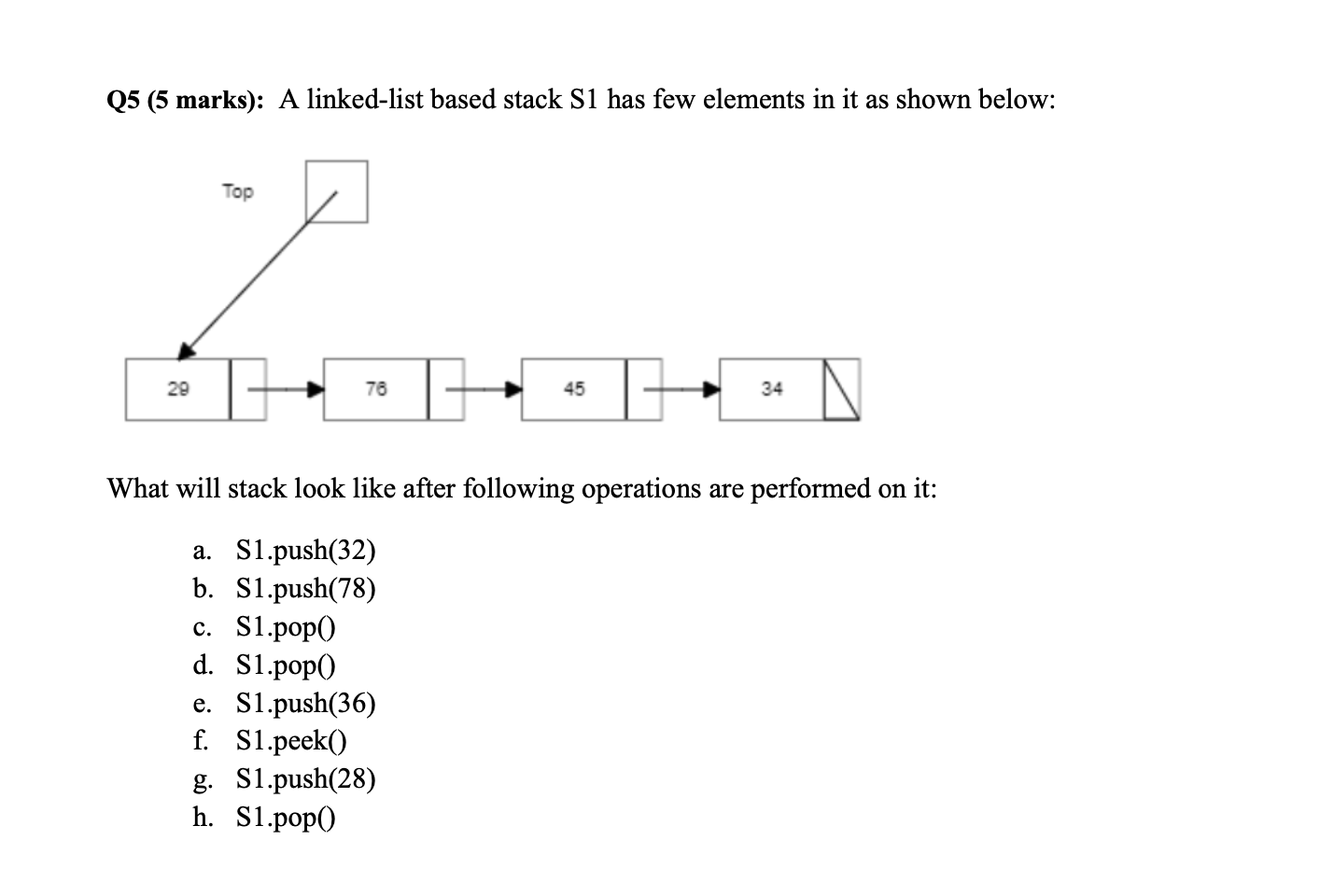 Q 5 ( 5 marks ) : A linked - list based stack S 1
