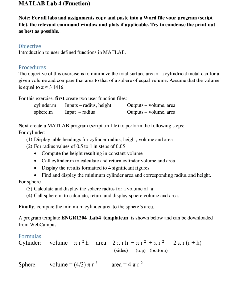 MATLAB Lab 4 ( Function ) Note: For all labs and