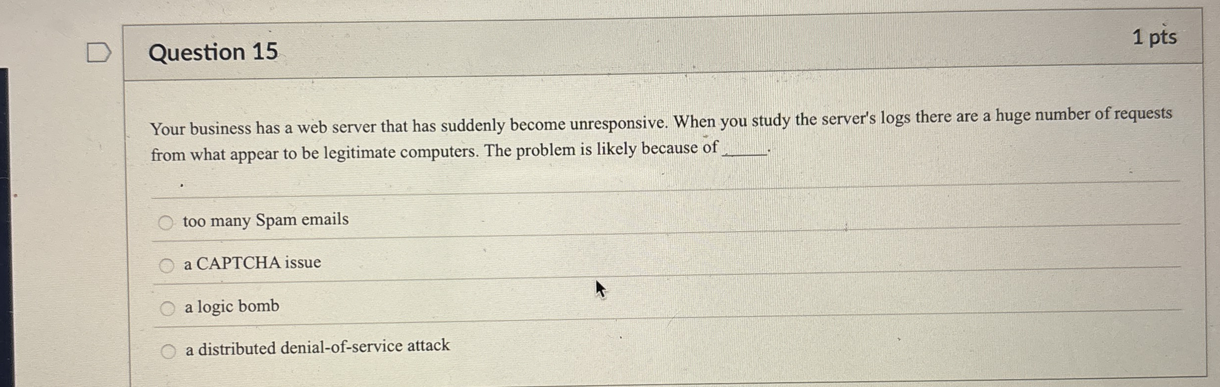 Question 1 5 1 pts Your business has a web server