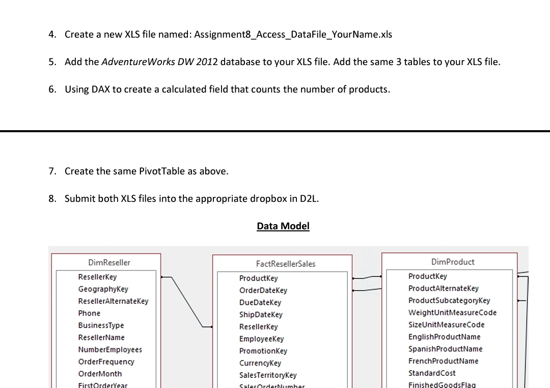 Create a new XLS file named: Assignment 8 _