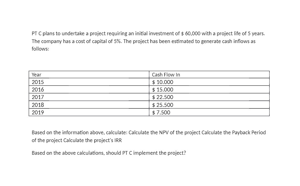 PT C plans to undertake a project requiring an