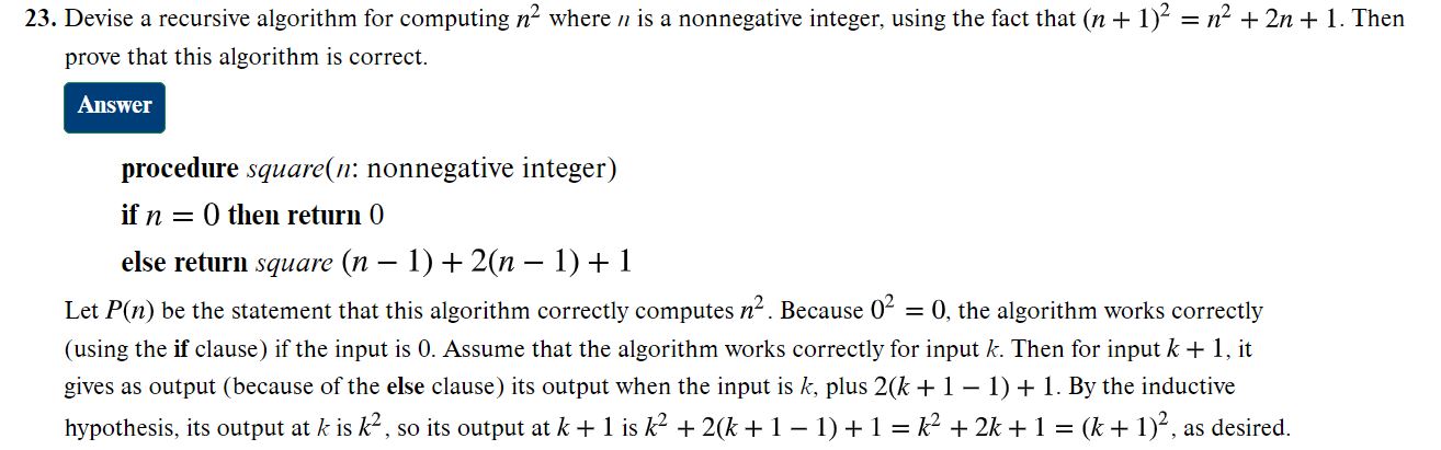 Devise a recursive algorithm for computing n 2