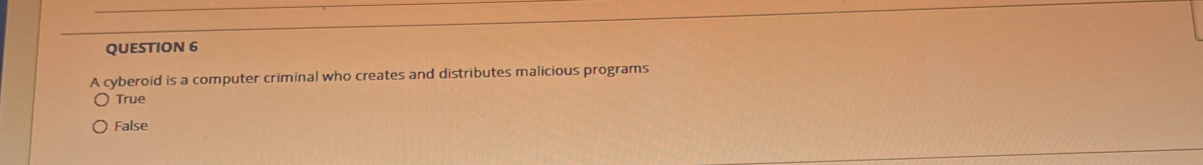 QUESTION 6 A cyberoid is a computer criminal who