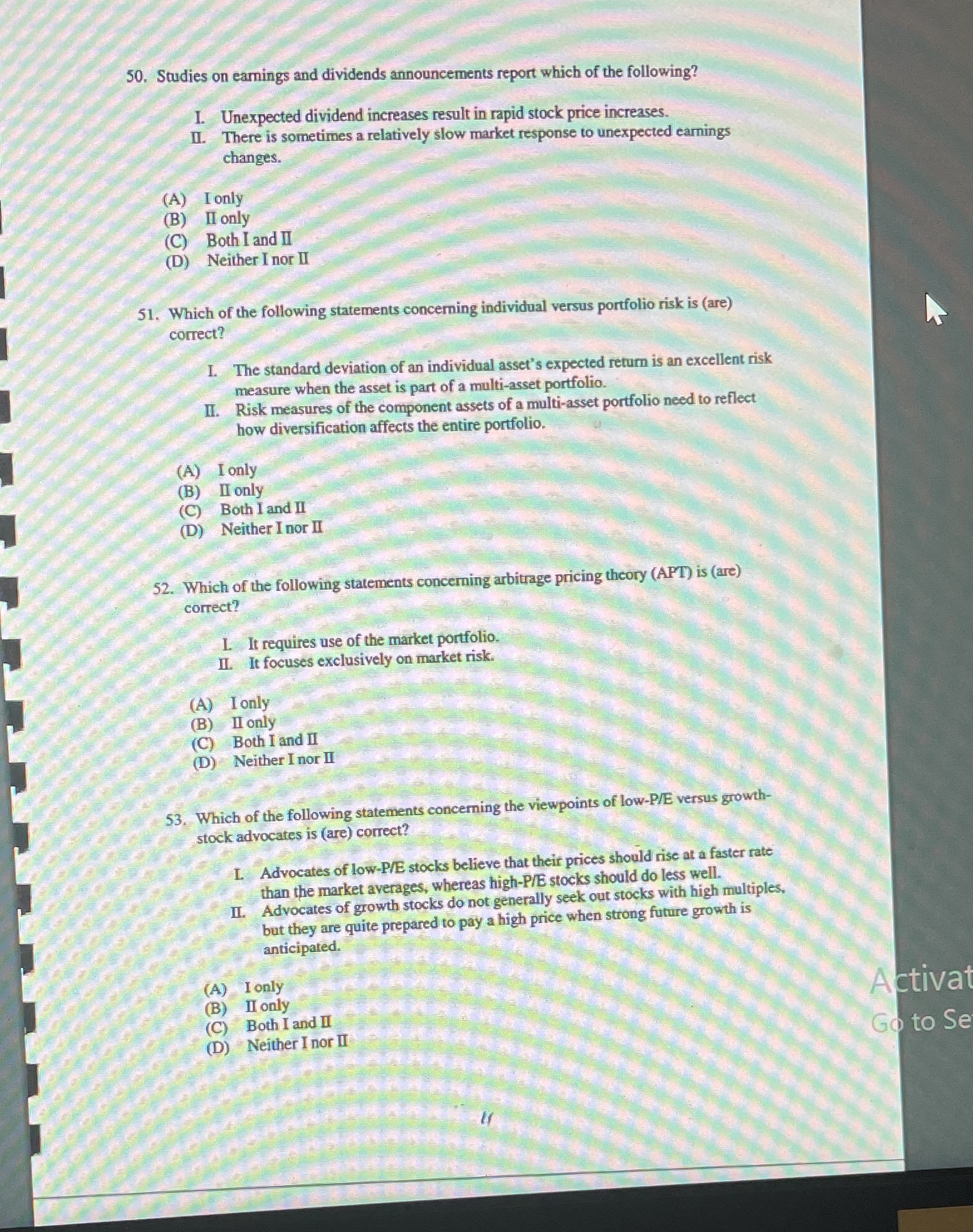 Investments 50-53 Multiple choice Thanks 50.