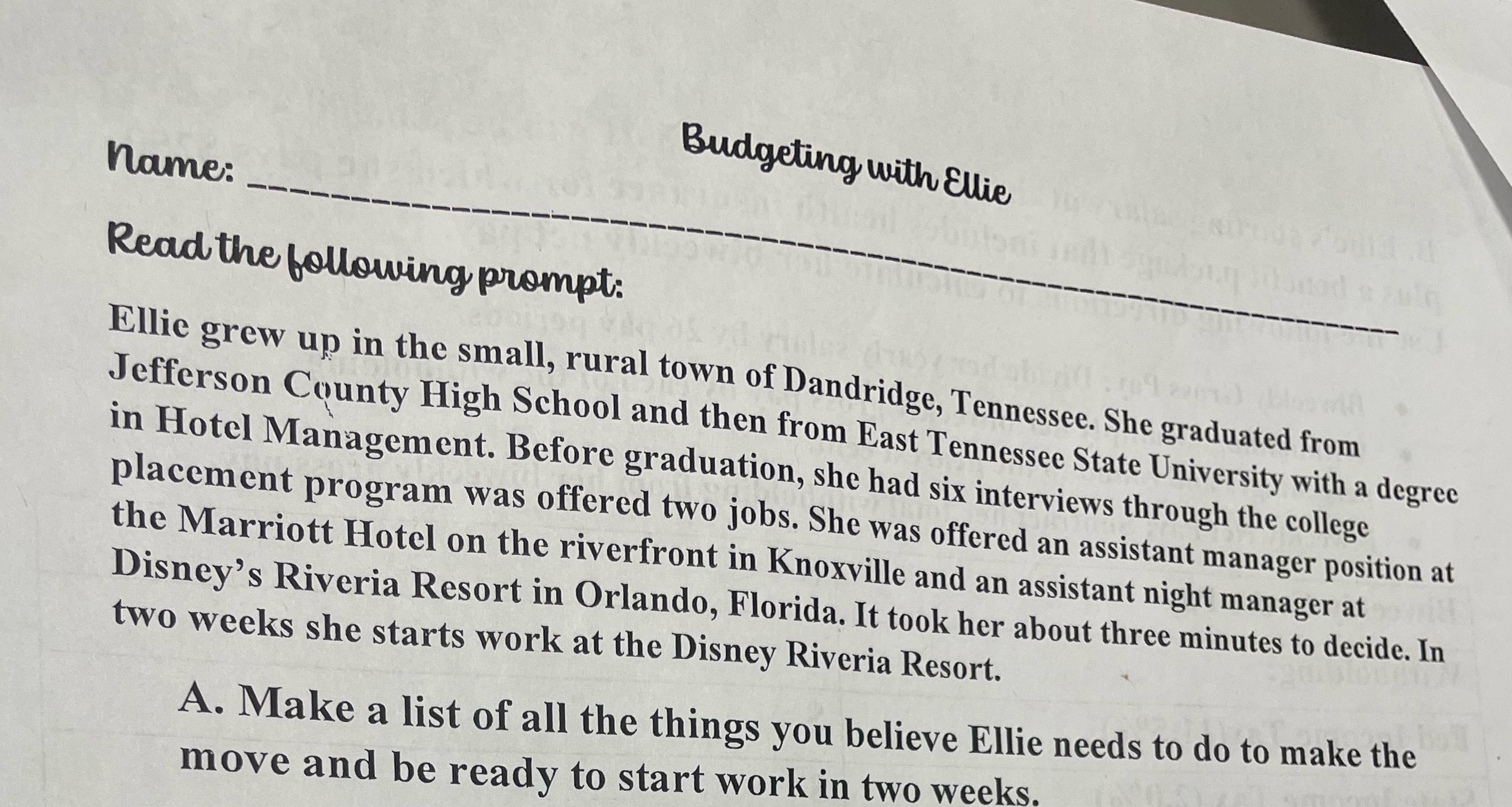 Budgeting with Ellie name: Read the following