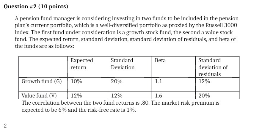 Question #2 (10 points) A pension fund manager is