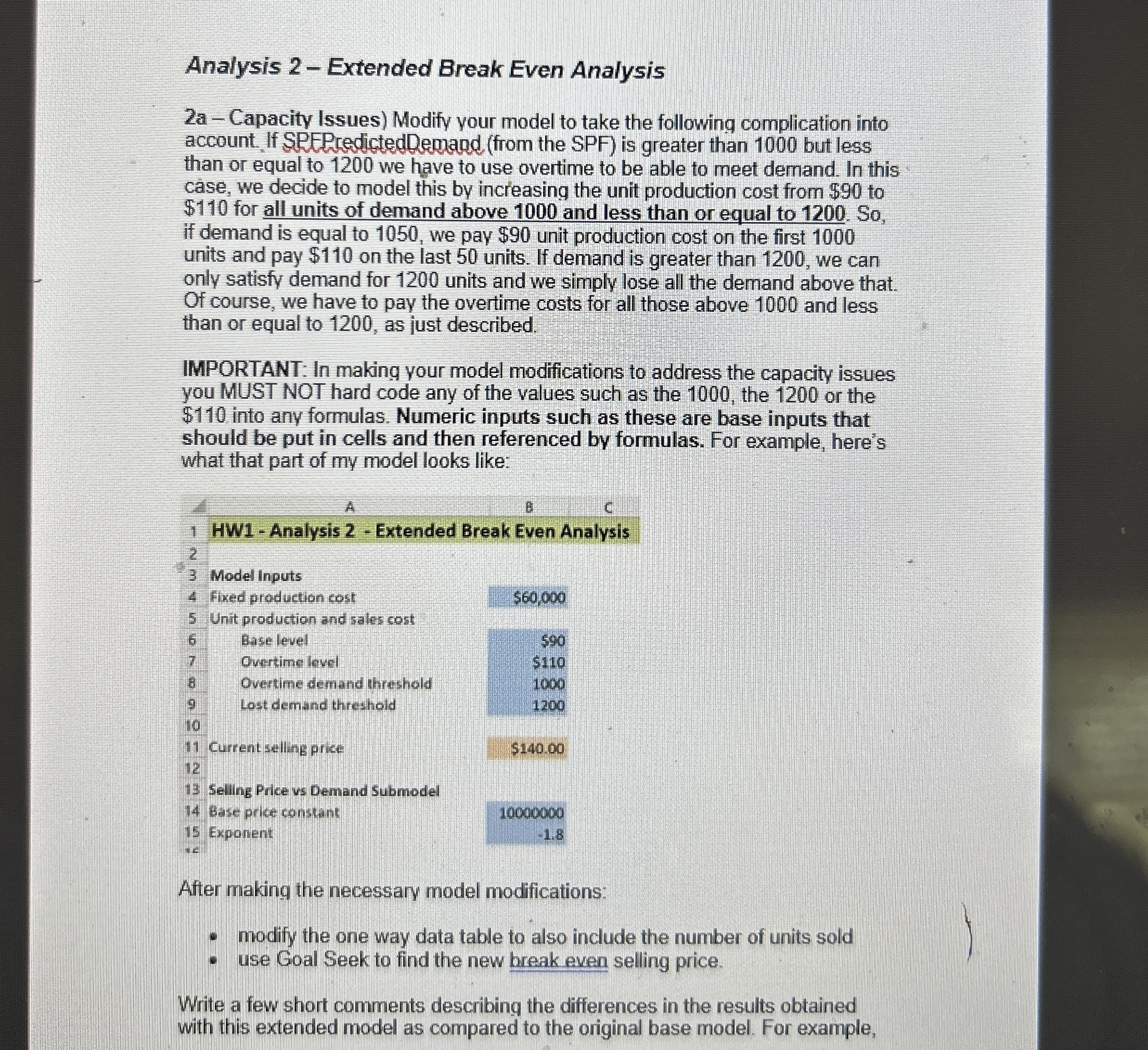 Analysis 2 - Extended Break Even Analysis 2 a -