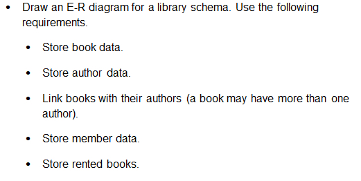 Draw an E - R diagram for a library schema. Use