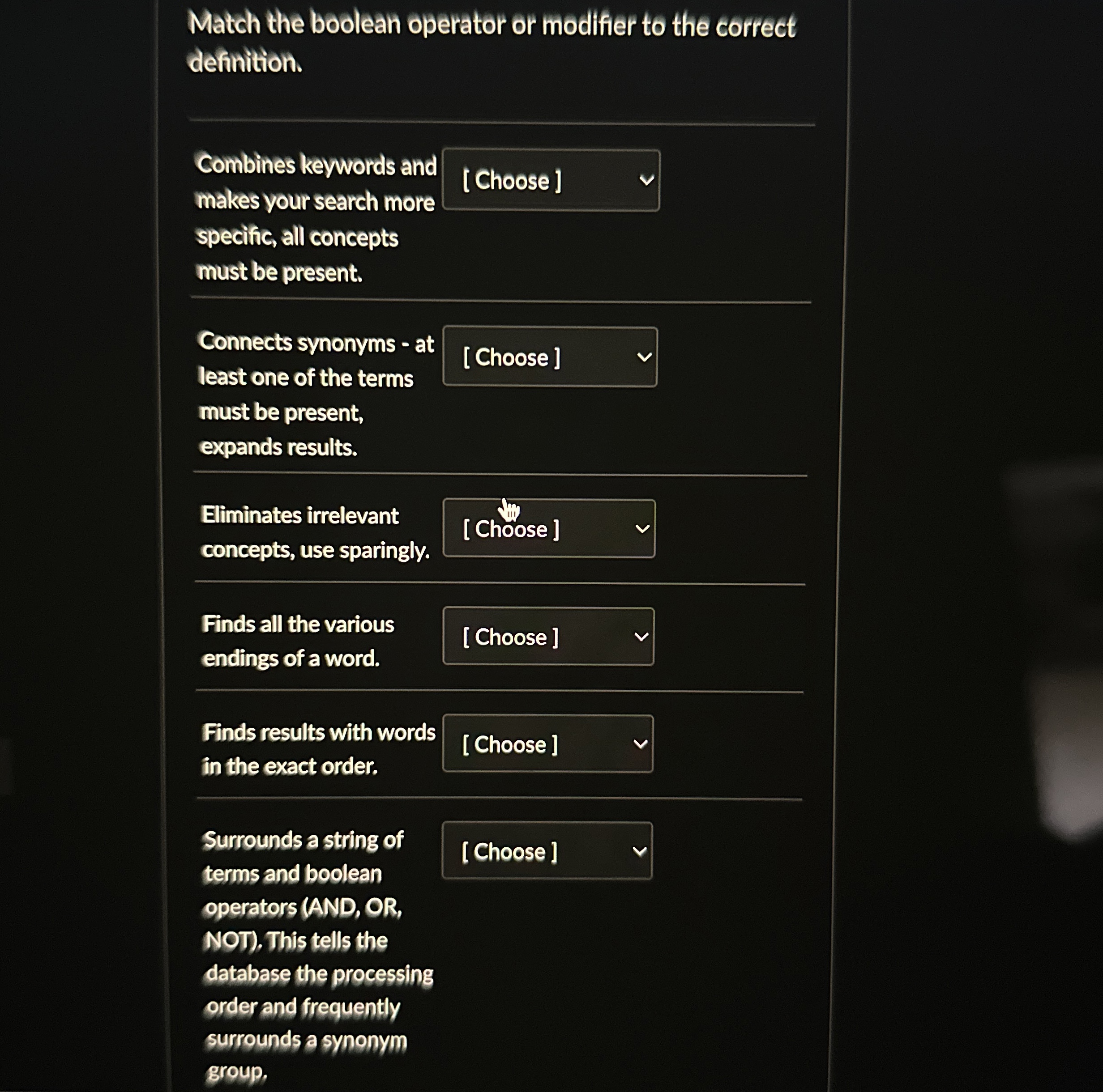 Match the boolean operator or modifier to the