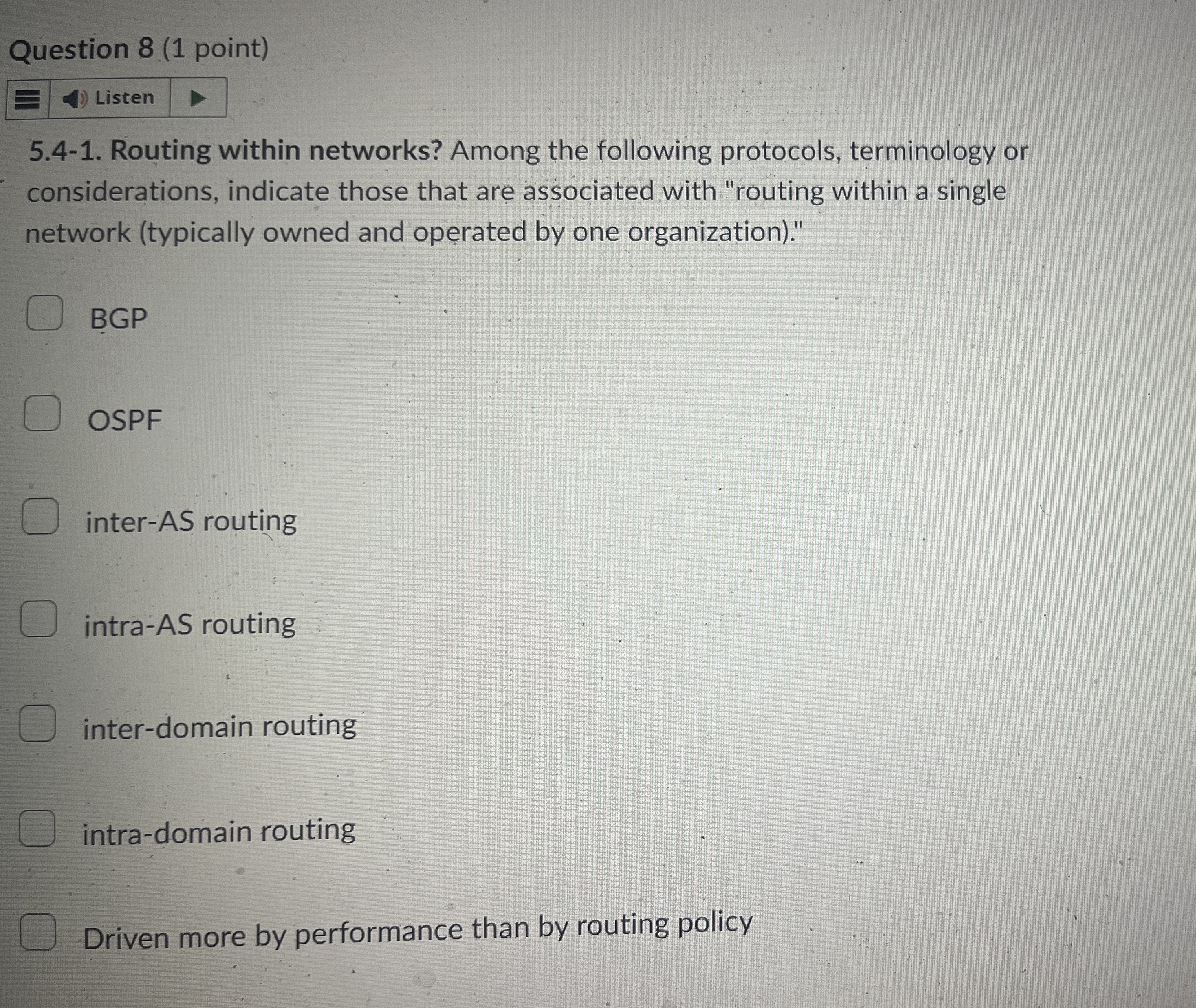 Question 8 ( 1 point ) 5 . 4 - 1 . Routing within