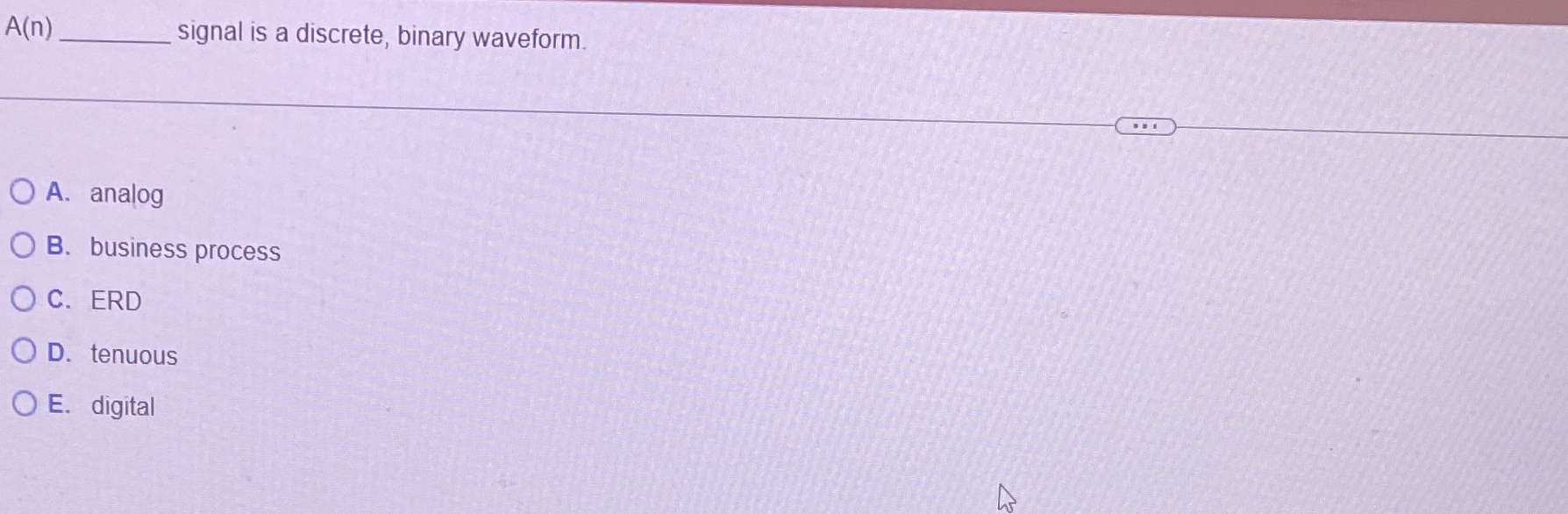 A ( n ) signal is a discrete, binary waveform. A