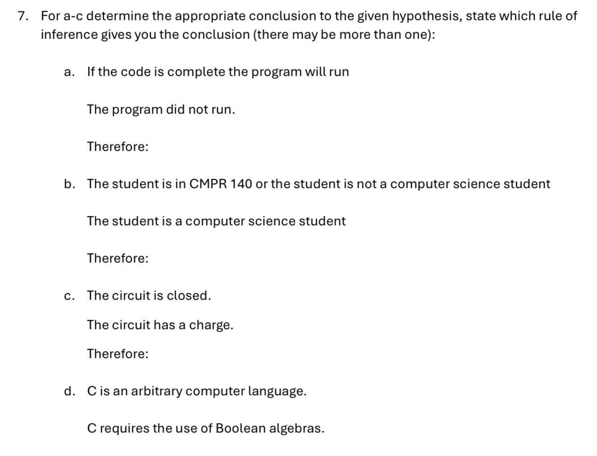 For a - c determine the appropriate conclusion to