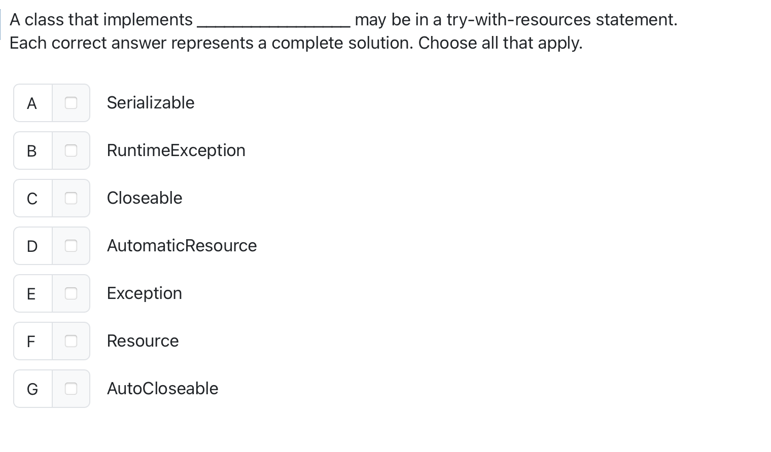 A class that implements Each correct answer