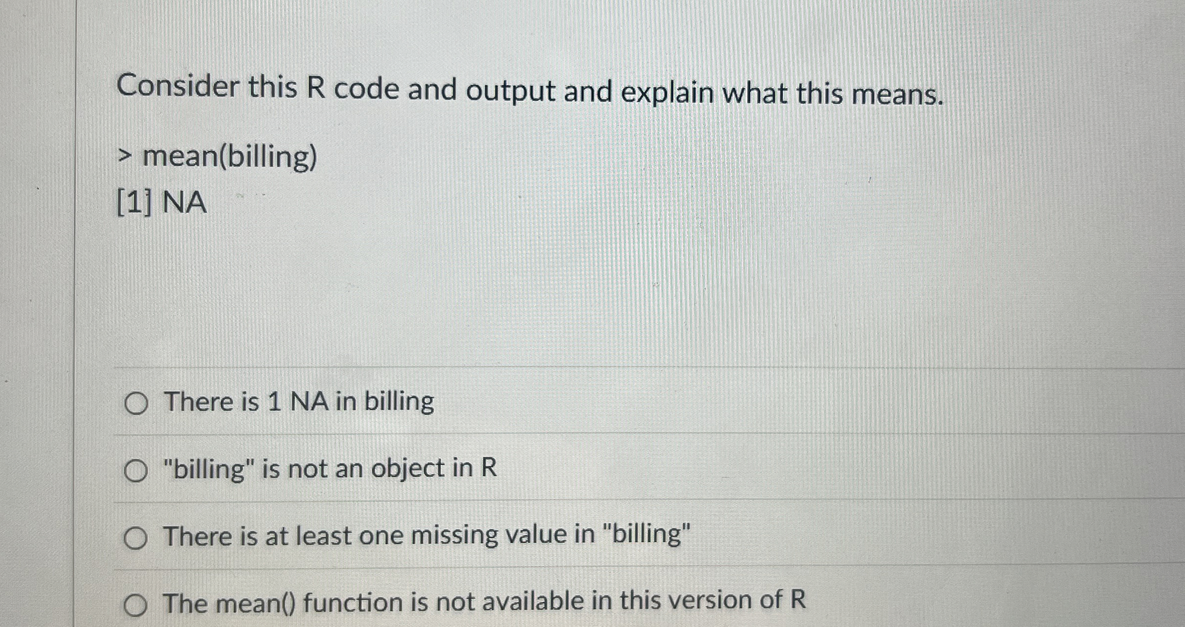 Consider this R code and output and explain what