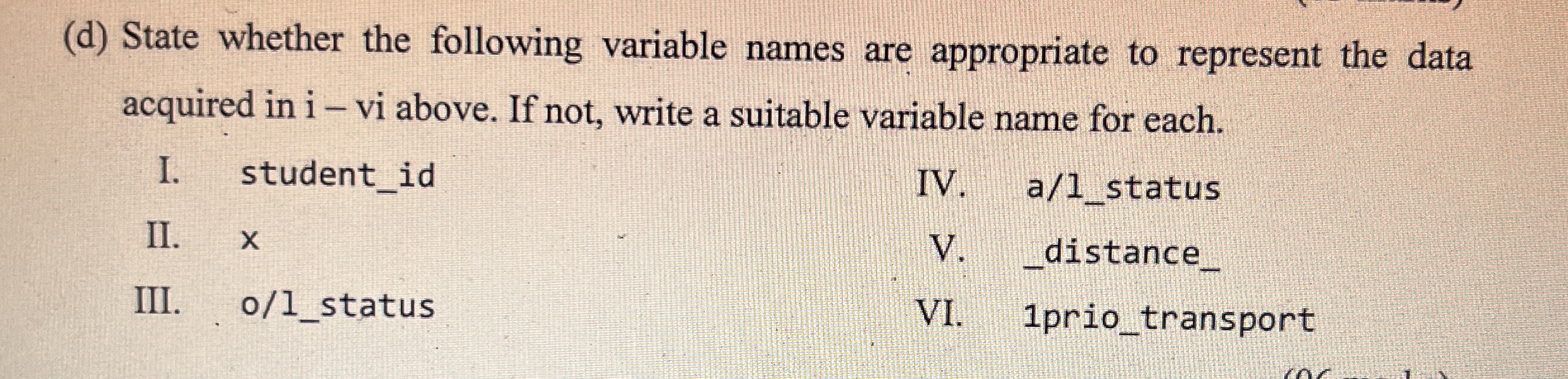 ( d ) State whether the following variable names