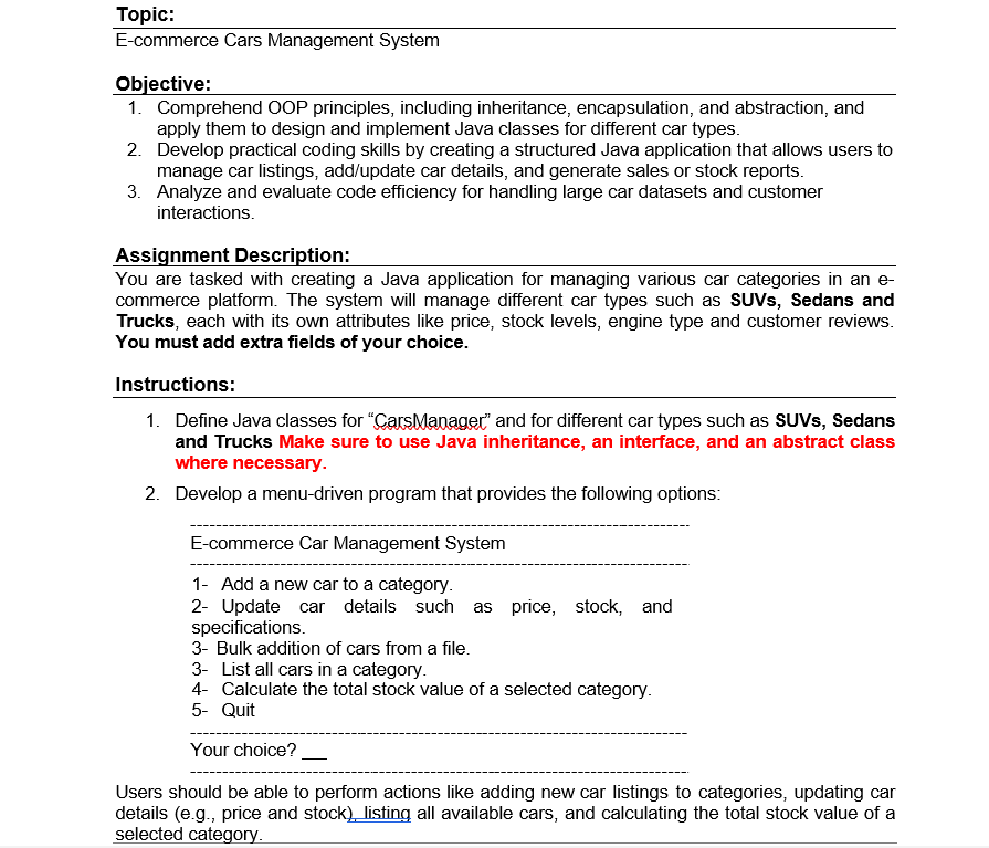 Topic: E - commerce Cars Management System