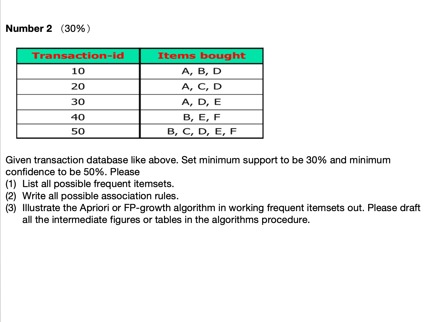 Number 2 ( 3 0 \ % ) Given transaction database