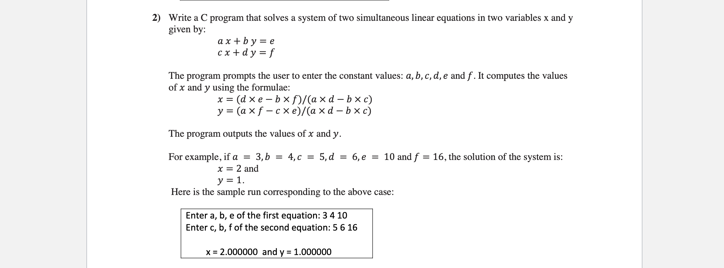 Write a C program that solves a system of two