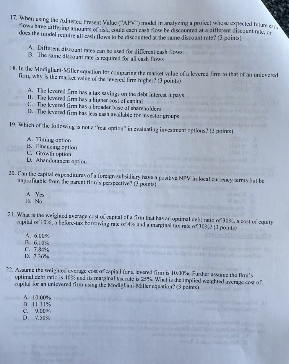 17. When using the Adjusted Present Value ("APV")