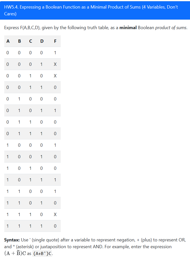 HW 5 . 4 . Expressing a Boolean Function as a