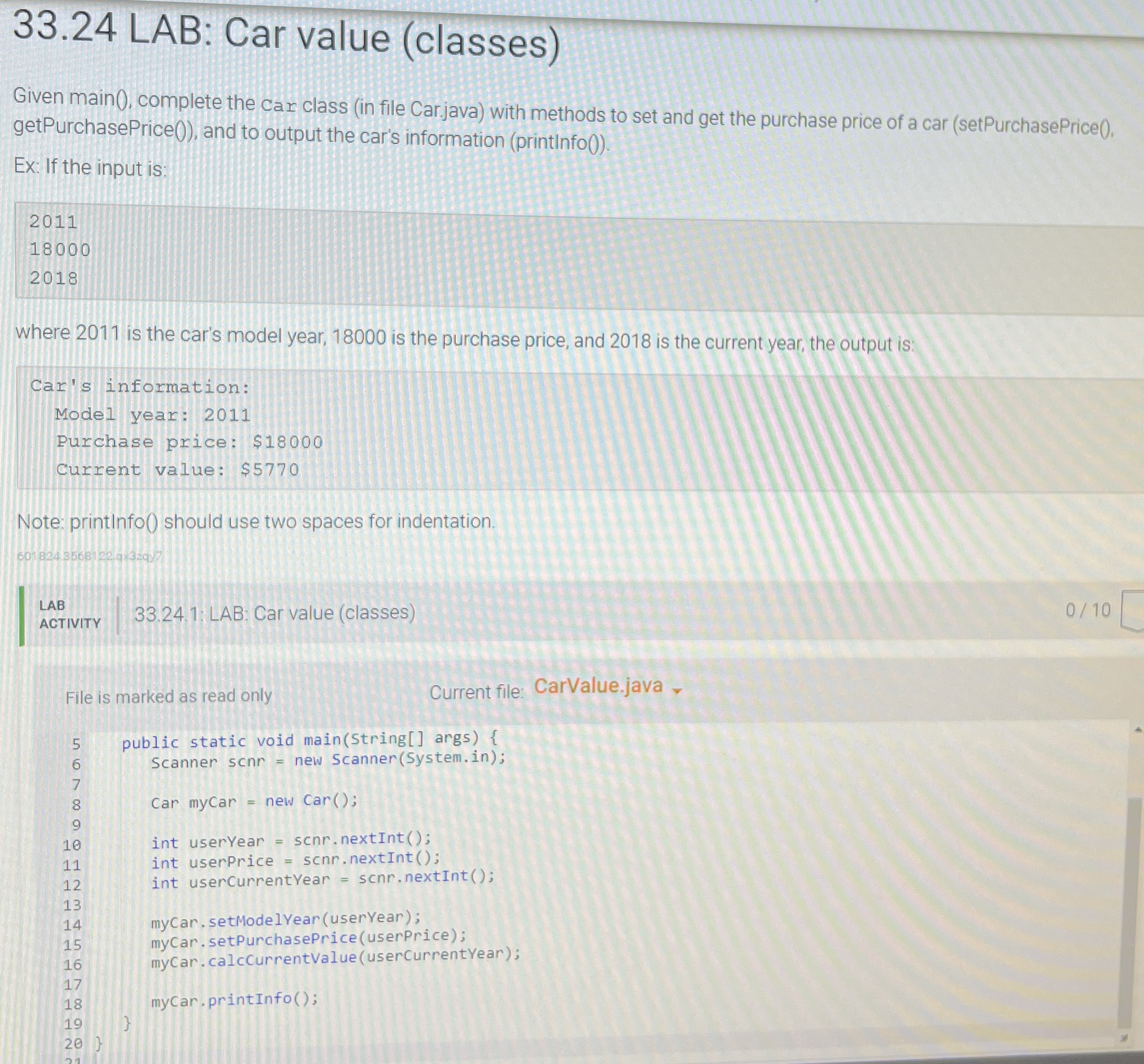 3 3 . 2 4 LAB: Car value ( classes ) Given main (