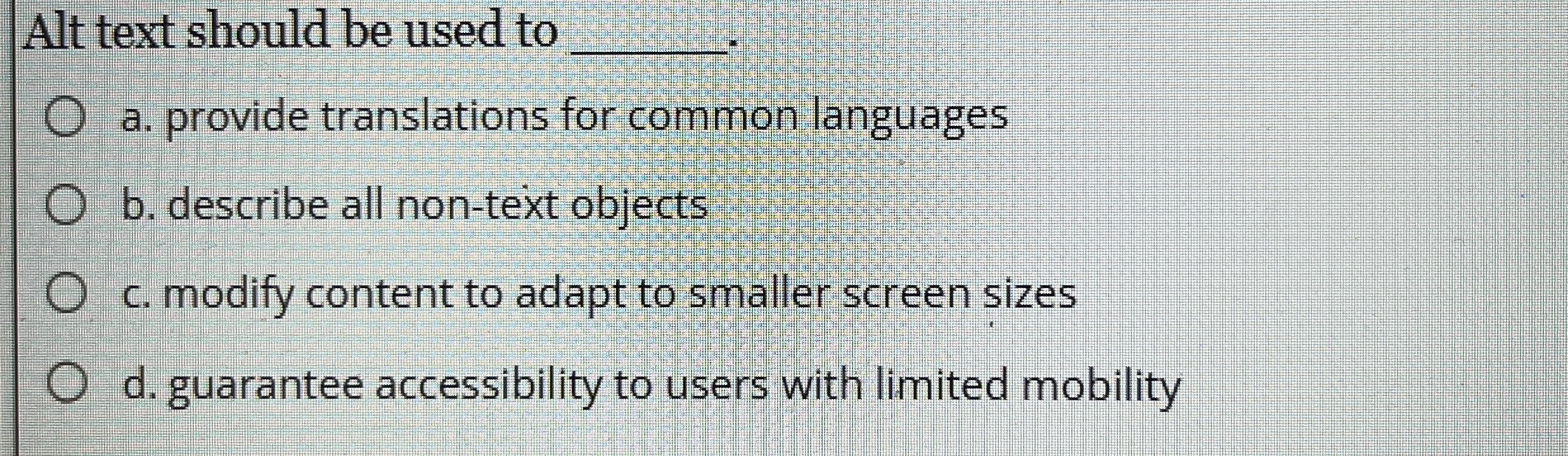 Alt text should be used to q , a . provide