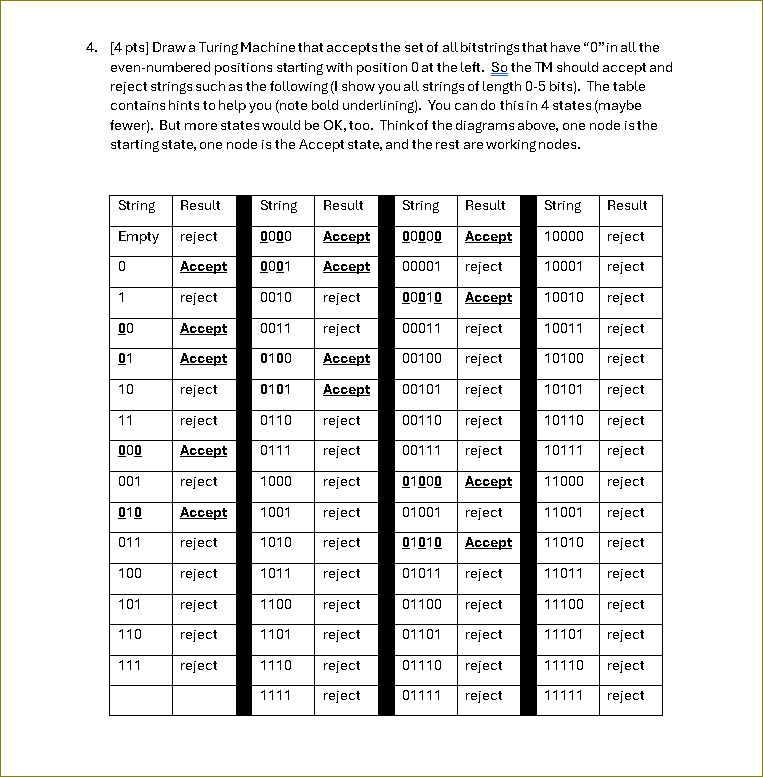 4 . [ 4 pts ] Draw a Turing Machine that accepts