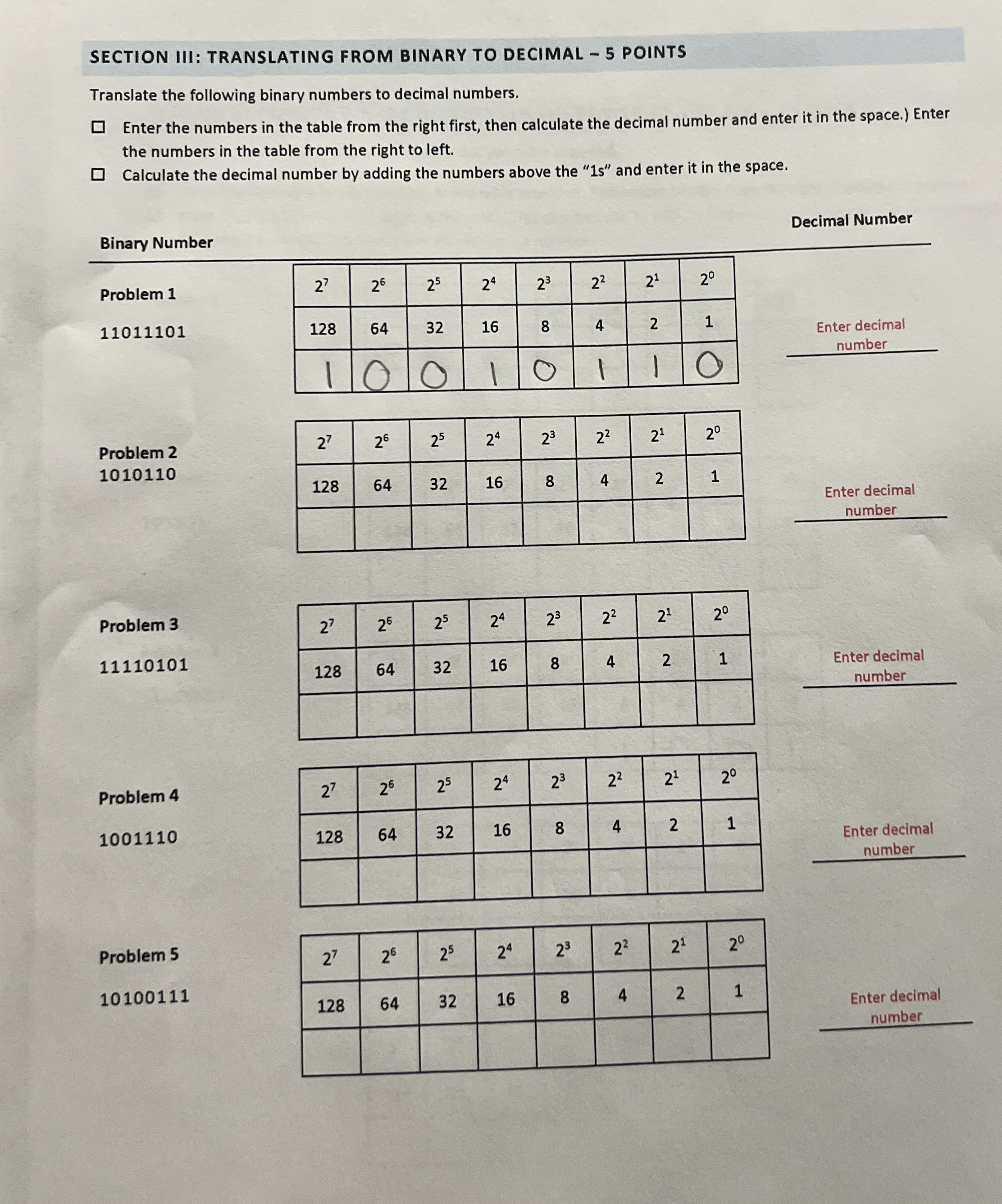 SECTION III: TRANSLATING FROM BINARY TO DECIMAL -
