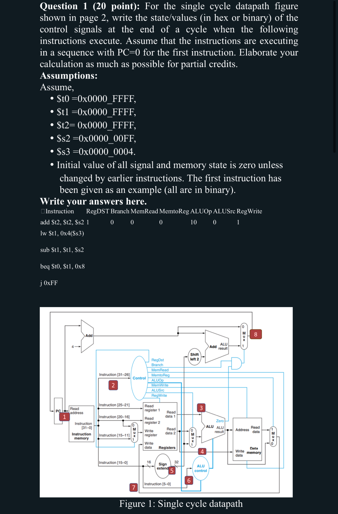 Question 1 ( 2 0 point ) : For the single cycle
