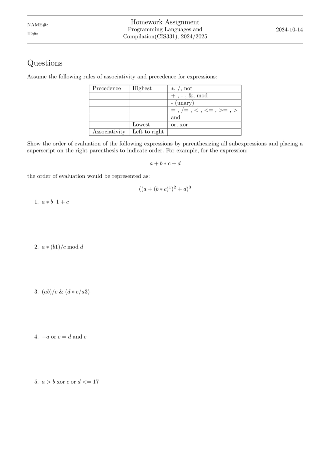 NAME#: Homework Assignment Programming Languages