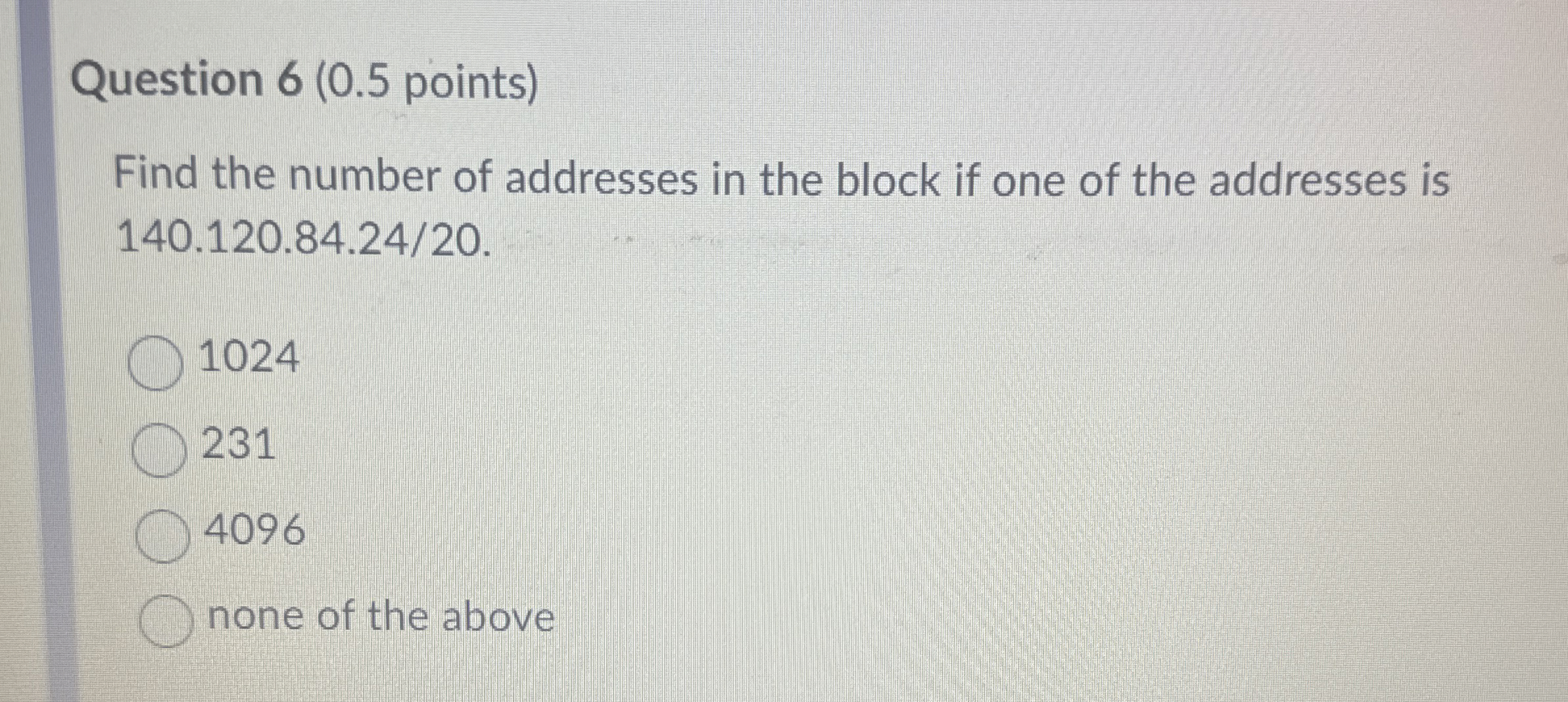 Question 6 ( 0 . 5 points ) Find the number of