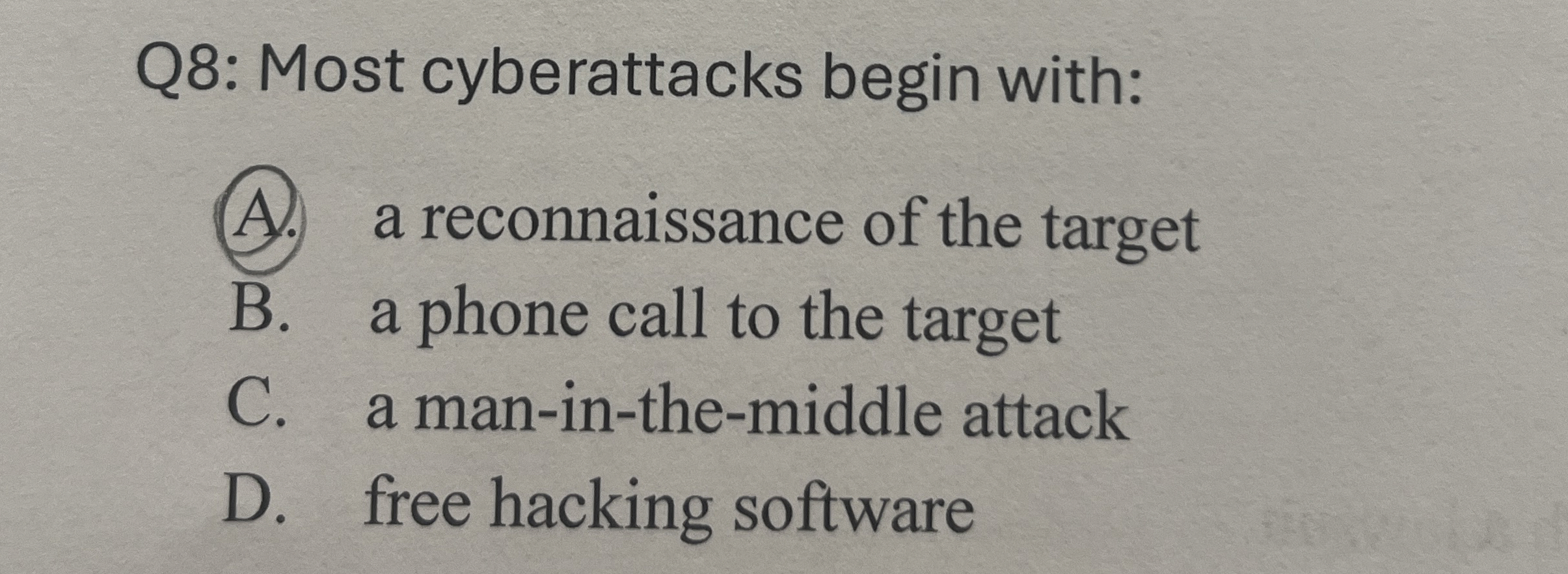 Q 8 : Most cyberattacks begin with: A . a