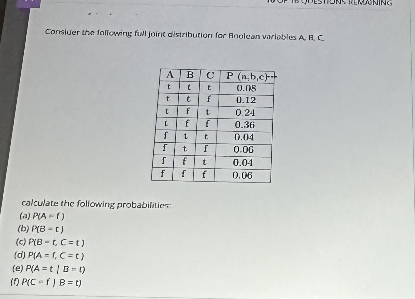 Corrsider the following full joint distribution