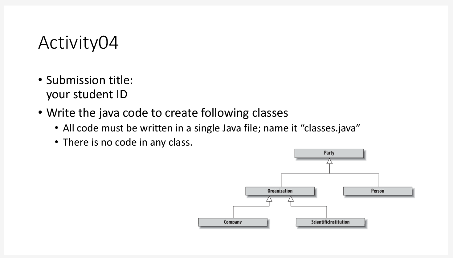 Write the java code to create following classes